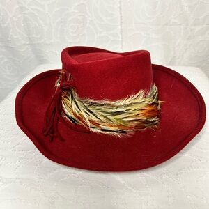 MR. JOHN Vintage burgundy Feathered Trimmed Women's Hat. 100% Wool.